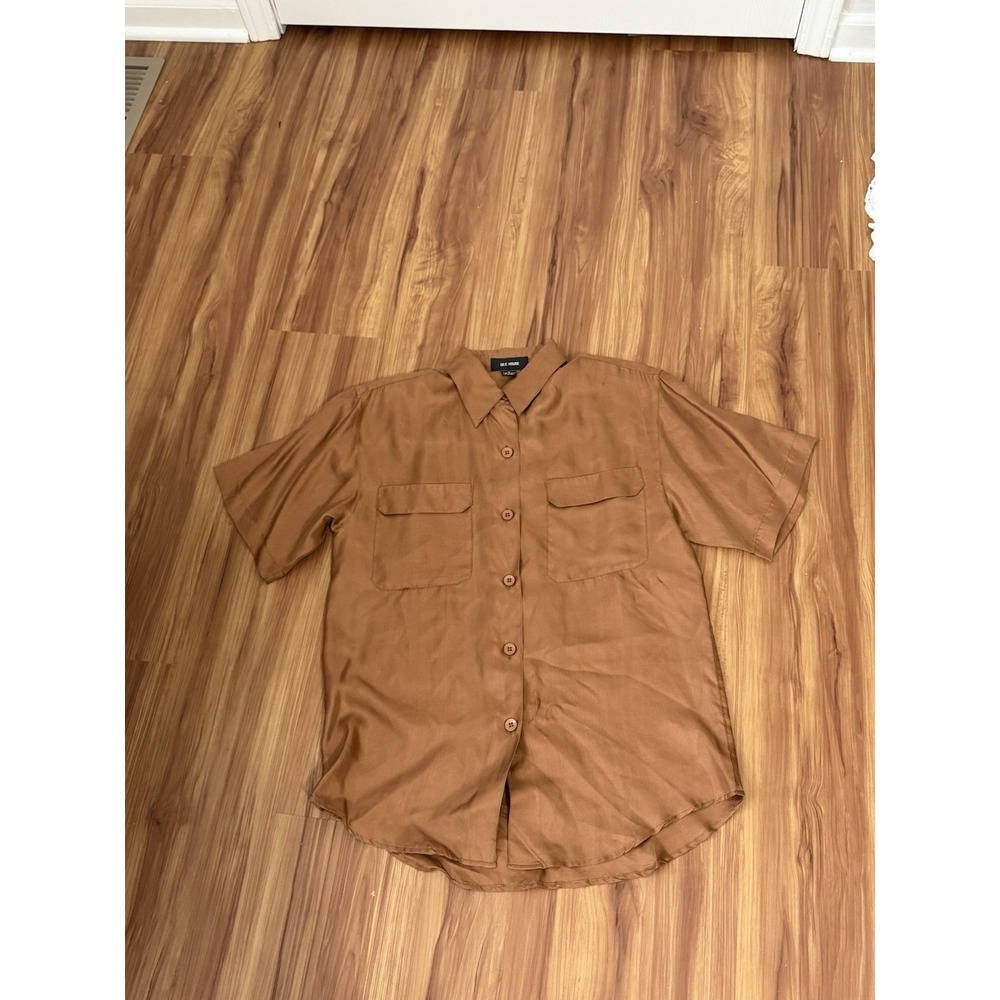 Silk House Size Small Brown Button Up Short Sleeve Blouse 100% Silk Women's - Picture 5 of 6